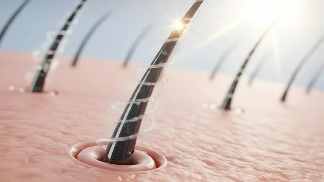 3D render of a damaged hair strand being restored inside the follicle, hydration molecules penetrating the scalp, smooth regeneration effect
