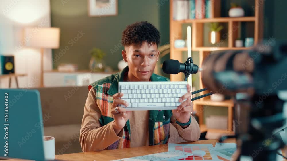 Poster recording, live streaming and man with keyboard for review, opinion or demonstration for content cre