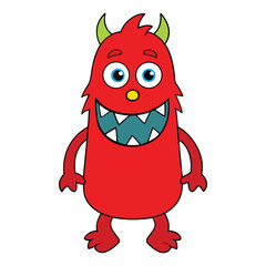 A playful red monster cartoon with big eyes, tiny horns, sharp teeth, and a goofy grin—full of energy and charm, perfect for kids’ designs and fun illustrations.
