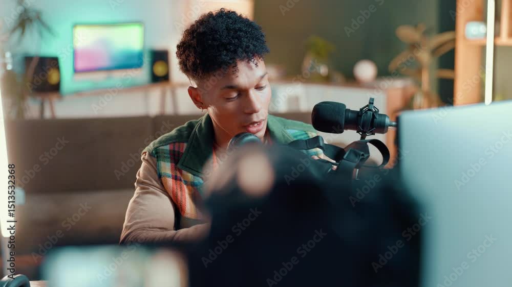 Poster streamer, camera and headset with man in studio for review, tech advice and broadcast. subscription,