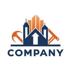 Fototapeta premium Construction company logo with buildings, tools and upward arrow