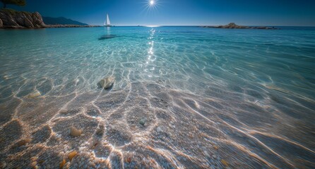 Serene Shores Clear Waters and a Distant Sailboat Under a Bright Sun Coastal Calmness and Clarity