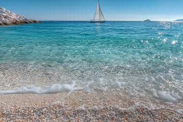 Serene Waterscape with Sailboat on Horizon and Gentle Waves at Shoreline in Clear Blue Atmosphere