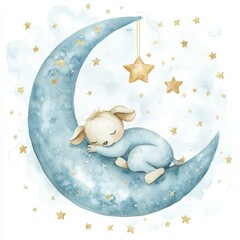 Sleeping Pup on Crescent Moon Surrounded by Stars Watercolor Illustration for Childrens Decor