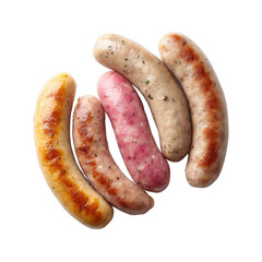 A selection of various sausages displayed on a white isolated background, showcasing different textures and colors perfect for culinary themes.