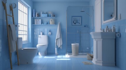 Tranquil Blue Bathroom Interior with Vanity Mirror and Ladder for Towels Relaxation and Cleanliness