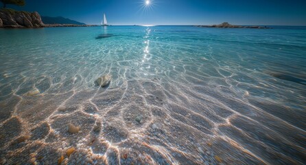 Tranquil Seashore Reflections and Sailboat Silhouette on a Bright Day with Clear Turquoise Water