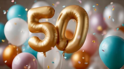 Golden balloons shaped like the number fifty stand out amidst a vibrant display of pastel colored balloons and colorful confetti. This festive setting perfectly captures a joyful celebration