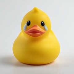 Unhappy Rubber Duck with Tears Showing Sadness and Melancholy on White Background Surface View
