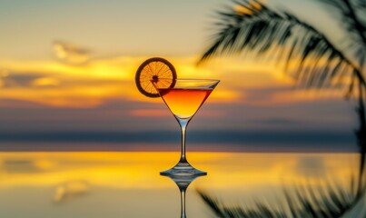 Vibrant Cocktail with Citrus Slice Silhouetted Against a Golden Sunset Beach Palm Backdrop
