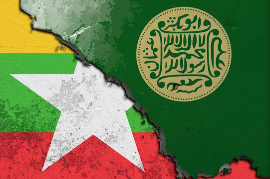 Split Design of Myanmar and Rohingya Flags on Textured Surface. Conceptual image illustrating the conflict and division between Rohingya and Myanmar