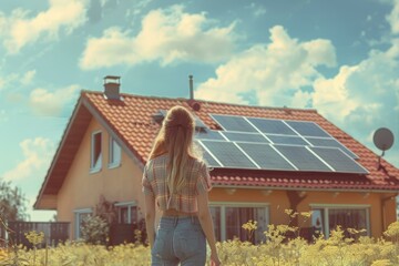 Woman Facing Solar Panels on House Roof Sustainable Energy Solution Sunny Day Peaceful Ambience