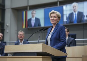 Woman Presenting Speech at Podium in Conference Room During Teleconference with Politicians