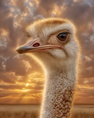 A striking side profile of an ostrich captured against a pale sky, bathed in soft natural sunlight, evoking a sense of calm and wilderness.
