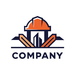 Obraz premium Construction company logo with helmet and building silhouette design
