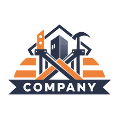 Construction company logo with tools building and ribbon banner
