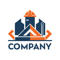 Naklejka premium Construction company logo featuring building helmet and graphic buildings