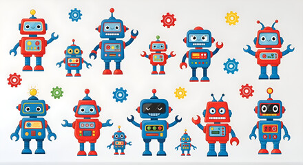 Naklejka premium Cute robot characters wall stickers with gears and buttons on a white wall