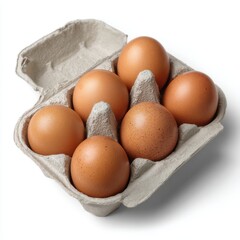 Six brown eggs in cardboard carton fresh farm