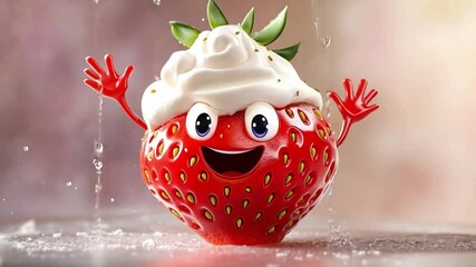 Animated strawberry character with whipped cream dancing in joyful splash - Powered by Adobe