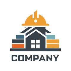 Obraz premium Construction company logo with a building wearing hardhat