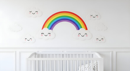 Rainbow and cloud wall sticker with smiling faces on a white nursery wall