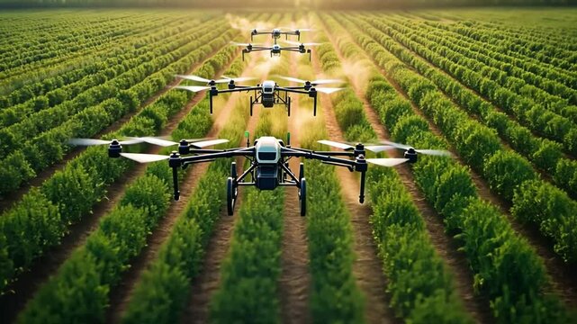 Aerial drones spray crops in vast green fields at sunrise