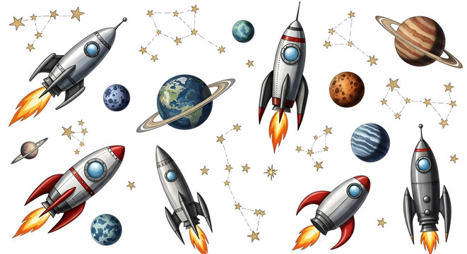 Space-themed wall decals with rockets, stars, and planets on a white background