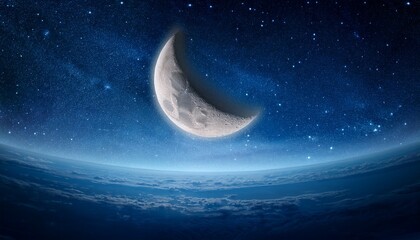 Fototapeta premium moon waxing crescent and grey light against blue starry sky background