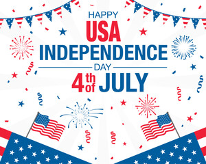 Happy USA 4th of July banner with fireworks, confetti and flags.  United States Independence Day themed design element