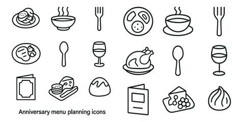 Anniversary menu planning icons set &ndash; outline, linear, dining and celebration symbols
