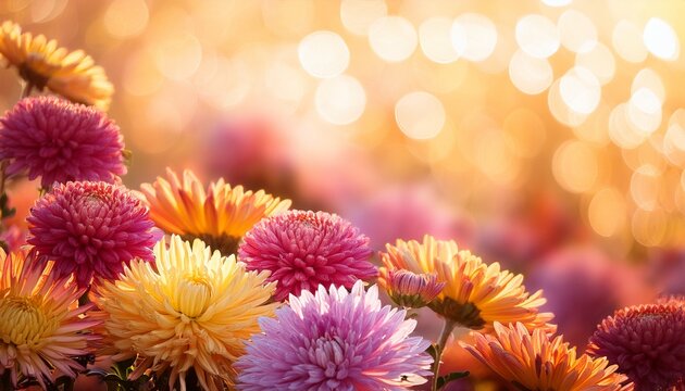 colorful mums flowers on warm bokeh background - Powered by Adobe