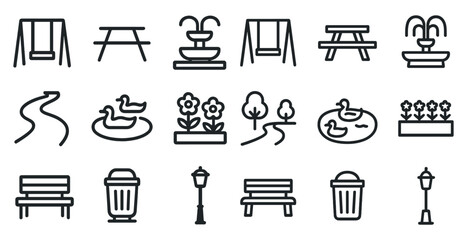 Park and recreation outline icons set – linear, silhouette, outdoor activity symbols