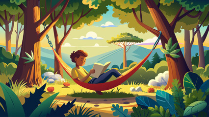 A person reading a book in a hammock under leafy trees on a sunny afternoon radiates relaxation, digital detox, personal freedom, and the joy of slow weekends spent in nature’s embrace.

