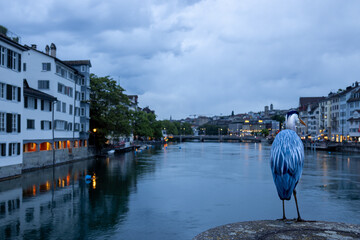 A grey heron in the middle of Zurich observes the city at dusk.