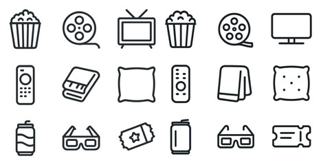 Home entertainment line icons set – flat, outline, media and leisure symbols