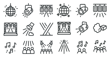 Event and party outline icons set – music, lighting, celebration symbols