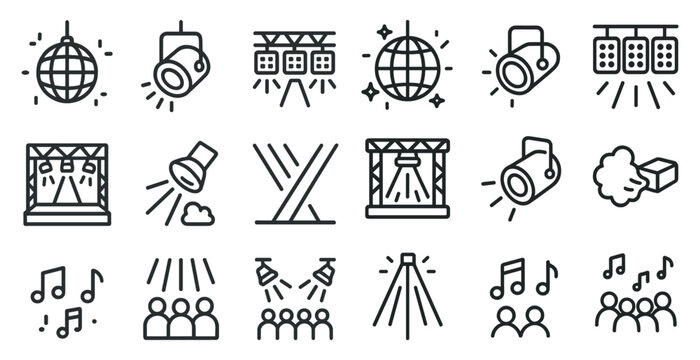 Event and party outline icons set – music, lighting, celebration symbols