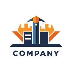 Fototapeta premium Abstract company logo featuring city skyline and mining pickaxe