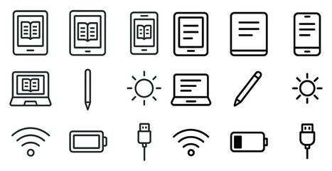 E-book and readers outline icons set &ndash; linear, digital, reading tools collection
