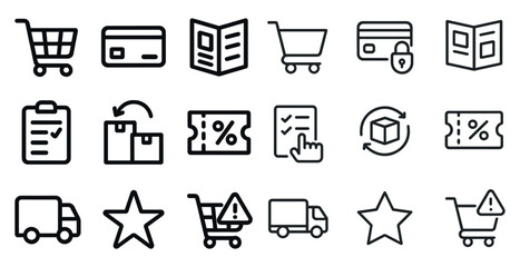 Shopping and e-commerce outline icons set – linear, retail, purchase symbols