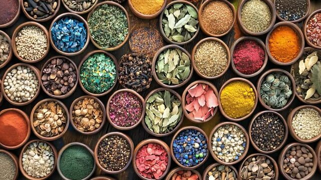 Dynamic arrangement of colorful spices and ingredients in artisan bowls displayed for culinary inspiration