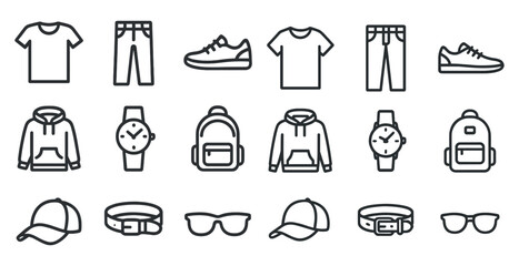 Fashion and apparel icons set – outline, linear, clothing and accessories symbols