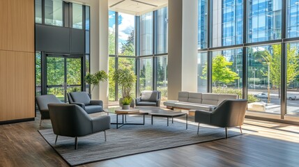 Fototapeta premium Bright contemporary lobby showcasing modern design and natural light integration