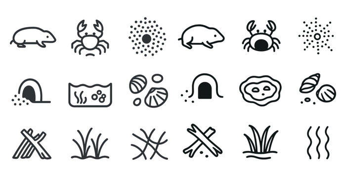 Animal habitat icons set - outline, linear, wildlife and nature symbols