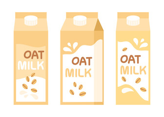 Oat milk carton package set in cartoon flat style.