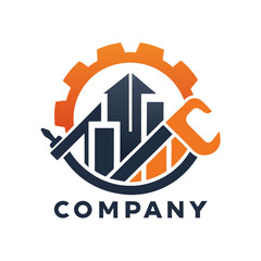 Construction company logo depicting tools and buildings illustration