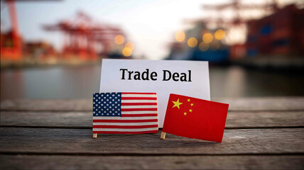 top view of US flag and CHINA with plain white paper note Trade Deal on wooden table with blur background of seaport