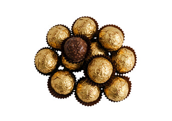 Golden Chocolate Candies Ferrero Rocher Hazelnut Chocolate Sweets Confectionery Gourmet Luxury Chocolates Gift Box Party Treats isolated on transparent background