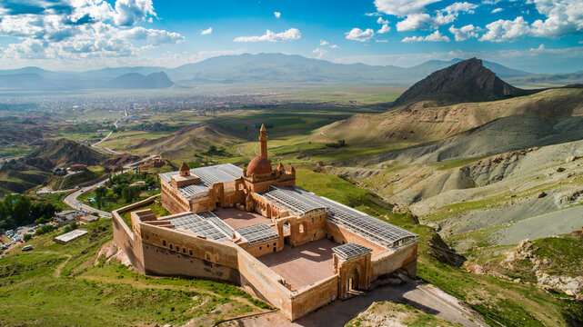 Ishak Pasha Palace is located in the Dogubayazit district of Turkey. A drone photo of the palace with a magnificent view. Kars, Turkey.